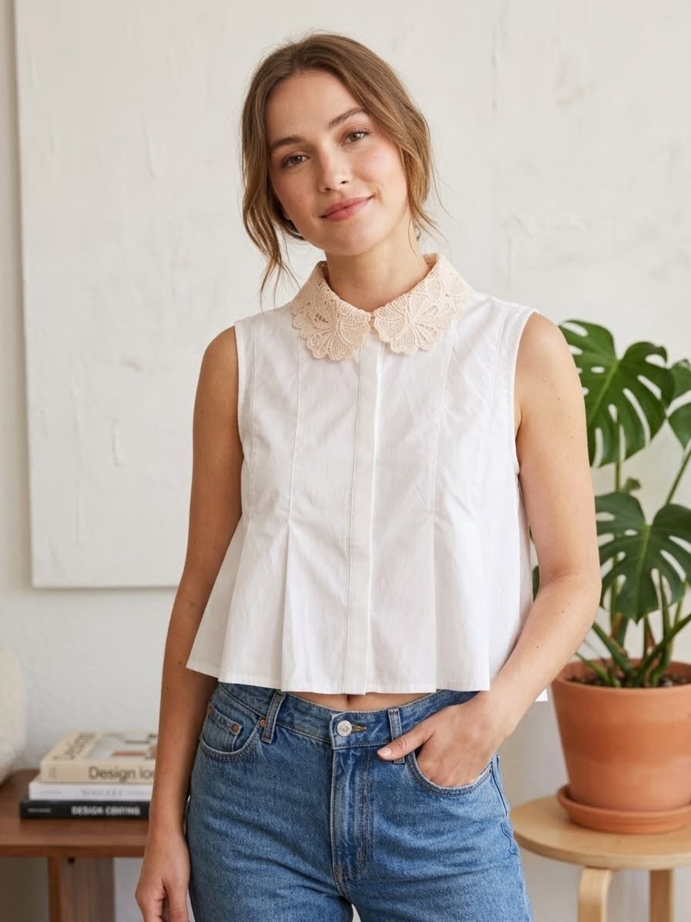 [NWOT] En Saison Anna Pleated Top- Cream Crochet Collar Button-Up Blouse